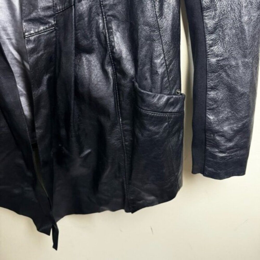 Daniel Leather Open Shawl Collar Jacket Blazer Ties Ribbed Stretch Sides Pockets - Picture 10 of 16
